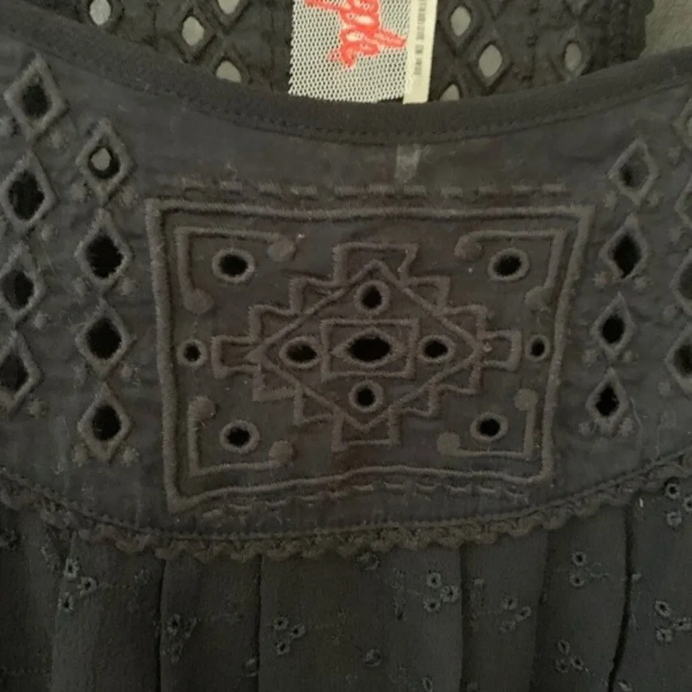 Free People Black Sheer Embroidered Lacy Short Batwing Sleeve Top Size S
